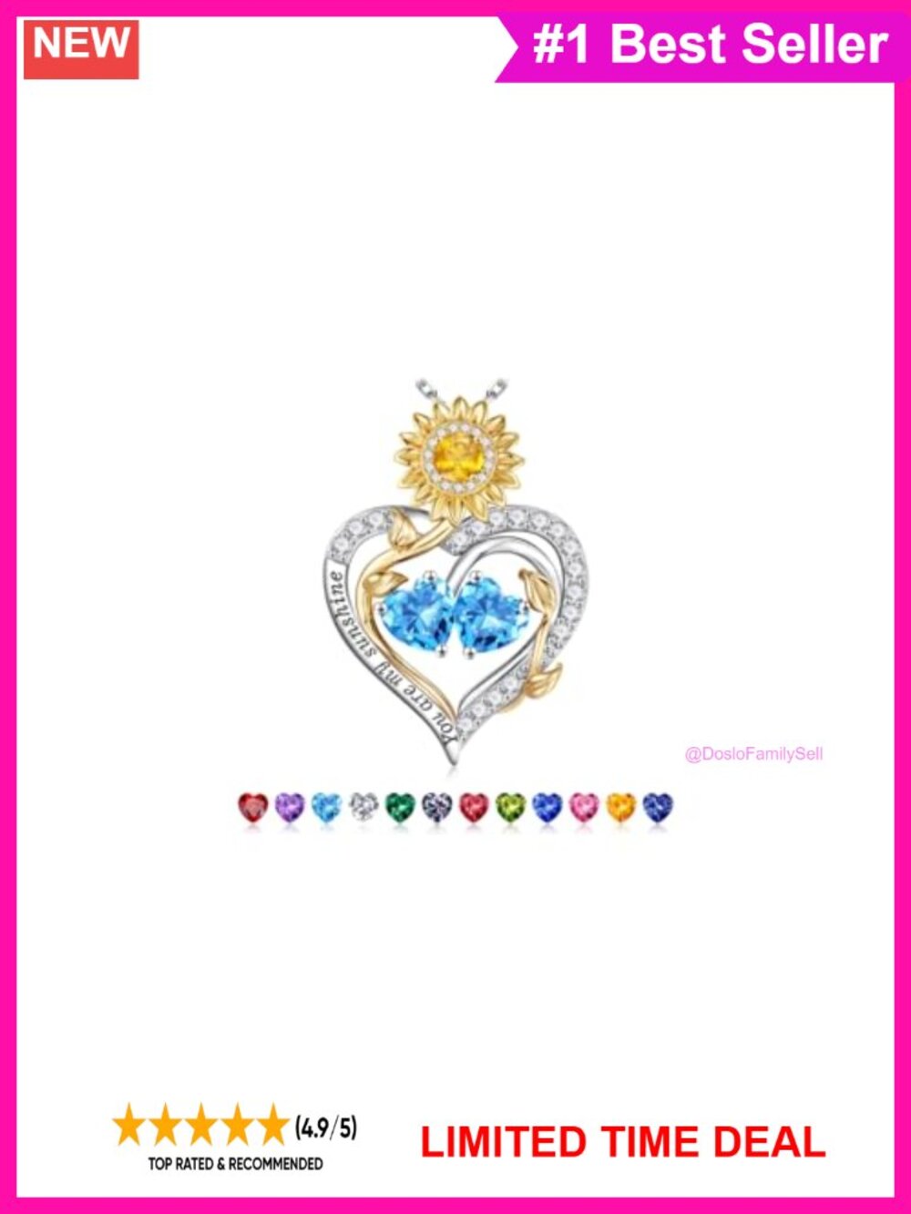 925 Sterling Silver Heart Sunflower Birthstone Pendant Necklace Adjustable